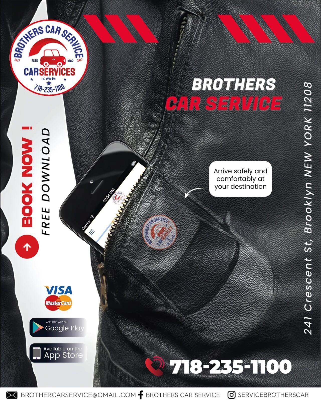 Brothers Car Service app displayed on smartphone inside jacket pocket with call-to-action to book a ride in Brooklyn.