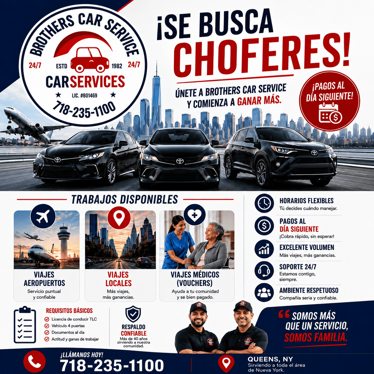 Brothers Car Service contratando choferes TLC en Queens y Nueva York, anuncio en español